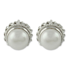 Load image into Gallery viewer, Cultured Pearl Earrings in Sterling Silver from India - Blossoming Purity | NOVICA
