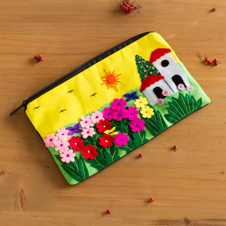 Andean Folk Art Cotton Applique Cosmetic Case - Sunny Afternoon | NOVICA