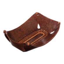 Load image into Gallery viewer, Leather Catch All Handcrafted in Peru of Tooled Leather - Brown Lasso Labyrinth | NOVICA
