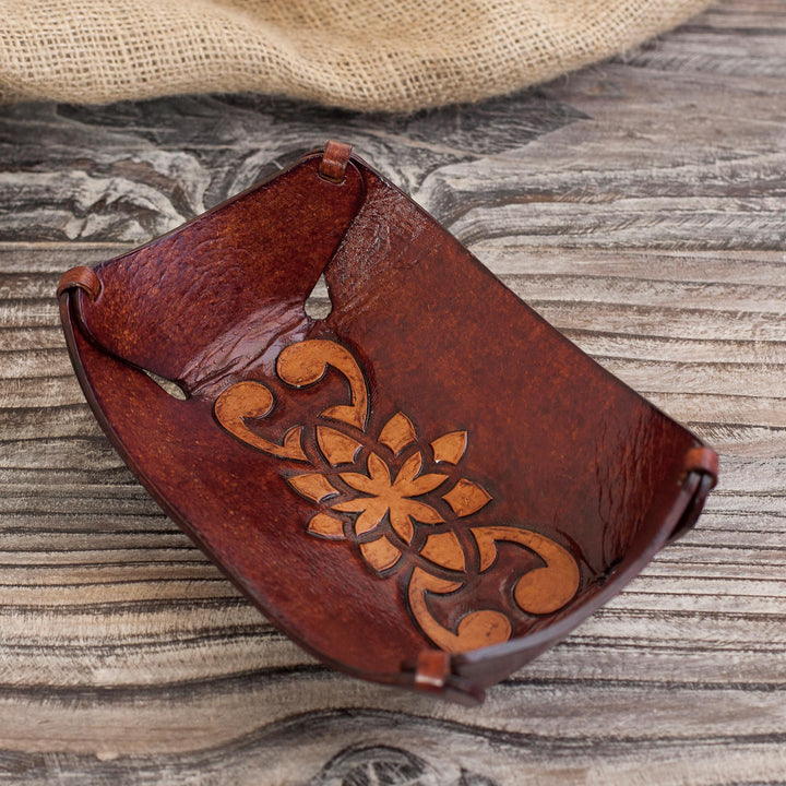 Leather Catchall in Honey Brown Artisan Crafted in Peru - Floral Star | NOVICA