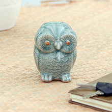 Load image into Gallery viewer, Blue Celadon Ceramic Owl Figurine - Little Blue Owl | NOVICA
