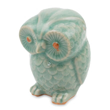Load image into Gallery viewer, Blue Celadon Ceramic Owl Figurine - Little Blue Owl | NOVICA
