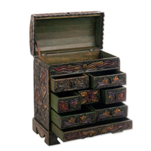 Load image into Gallery viewer, Bird Motif Green Leather Jewelry Box Chest 8 Drawers - Exotic Birds | NOVICA
