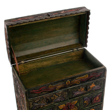 Load image into Gallery viewer, Bird Motif Green Leather Jewelry Box Chest 8 Drawers - Exotic Birds | NOVICA
