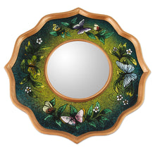 Load image into Gallery viewer, Blue and Green Reverse Painted Glass Butterfly Mirror - Turquoise Butterfly Sky | NOVICA
