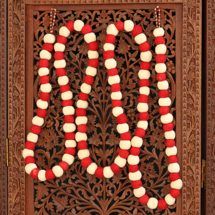 Red and White Handmade Felt Holiday Garland - Candy Cane Pompoms | NOVICA