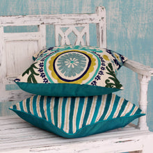 Load image into Gallery viewer, Two Embroidered Cushion Covers in Aqua Tones from India - Aqua Fusion | NOVICA

