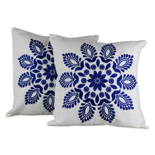 Load image into Gallery viewer, Blue and White Embroidered Floral Cushion Covers (Pair) - Blue Delhi Splendor | NOVICA
