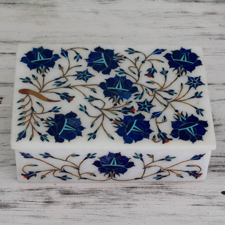 Unique Indian Marble Inlay Jewelry Box - Wild Blue Flowers | NOVICA