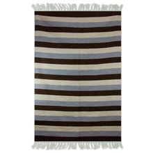Load image into Gallery viewer, Modern Dhurrie Rug in Brown and Blues  (4x6) - Bold Horizon | NOVICA
