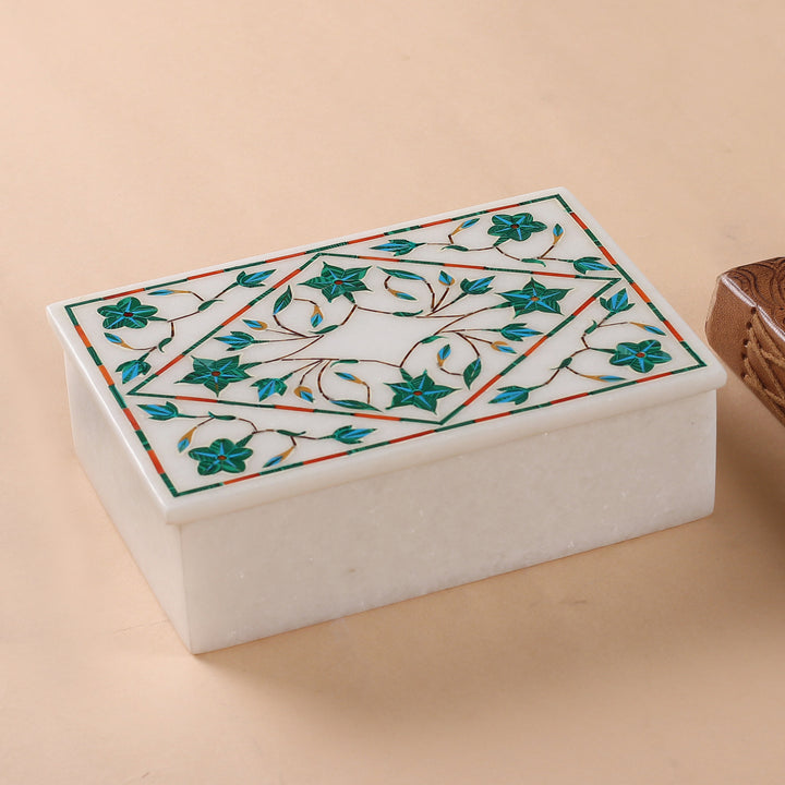 Handcrafted Marble Inlay Jewelry Box - Mughal Ivy | NOVICA