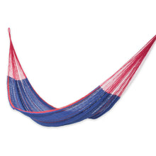 Load image into Gallery viewer, Blue Cotton Maya Hammock with Red Trim from Mexico - Puerto Vallarta | NOVICA

