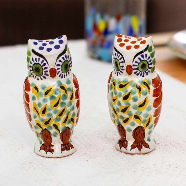 Handcrafted Majolica Ceramic Bird Salt and Pepper Shakers - Owl Spice | NOVICA