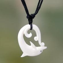 Load image into Gallery viewer, Dolphin Carved Bone Pendant Necklace on Black Cord - Lonely Dolphin | NOVICA
