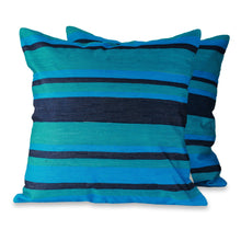 Load image into Gallery viewer, Artisan Crafted Blue Cushion Covers with Embroidery (pair) - Blue Streams | NOVICA
