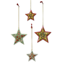 Load image into Gallery viewer, Red and Yellow Floral Star Ornaments from India (Set of 4) - Holiday Bouquet | NOVICA
