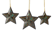 Load image into Gallery viewer, Midnight Blue Star Ornaments Painted by Hand (Set of 3) - Midnight Blue Charm | NOVICA
