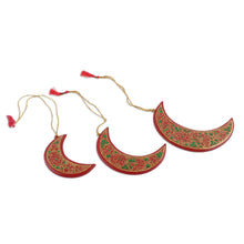Load image into Gallery viewer, Red Crescent Moon Hand Painted Holiday Ornaments (set of 3) - Dreamy Moons | NOVICA
