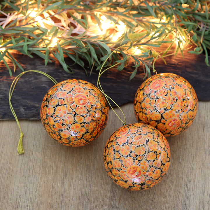 Handmade Round Floral Papier Mache Ornaments (set of 3) - Kashmiri Holiday | NOVICA