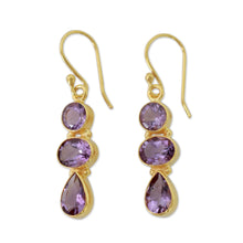 Load image into Gallery viewer, 22k Gold Vermeil Dangle Earrings with Three Amethysts - Lilac Triad | NOVICA
