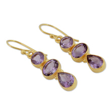 Load image into Gallery viewer, 22k Gold Vermeil Dangle Earrings with Three Amethysts - Lilac Triad | NOVICA
