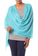 Load image into Gallery viewer, All-Wool Sky Blue Women's Shawl Handwoven in India - Cyan Glamour | NOVICA
