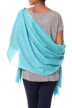 Load image into Gallery viewer, All-Wool Sky Blue Women's Shawl Handwoven in India - Cyan Glamour | NOVICA

