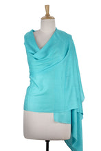 Load image into Gallery viewer, All-Wool Sky Blue Women's Shawl Handwoven in India - Cyan Glamour | NOVICA
