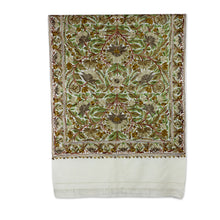 Load image into Gallery viewer, White Wool Shawl with Green Chain Stitch Floral Embroidery - Olive Grove | NOVICA

