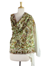 Load image into Gallery viewer, White Wool Shawl with Green Chain Stitch Floral Embroidery - Olive Grove | NOVICA
