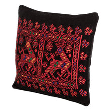 Load image into Gallery viewer, Red Deer Theme Maya Backstrap Black Cotton Cushion Cover - Red Maya Deer | NOVICA
