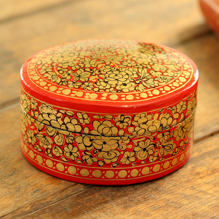 Decorative Papier Mache Box Artisan Crafted in India - Ruby Gold Bouquet | NOVICA
