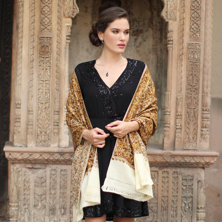 Chain Stitch Embroidered Brown and Yellow Floral Shawl - Golden Chrysanthemums | NOVICA
