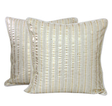Load image into Gallery viewer, Gold on Off White Cotton Cushion Covers with Beadwork (Pair) - Golden Parallels | NOVICA
