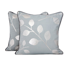 Load image into Gallery viewer, Pale Blue Cotton Cushion Covers with Silver Leaves (Pair) - Drifting Leaves | NOVICA
