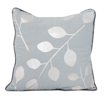 Load image into Gallery viewer, Pale Blue Cotton Cushion Covers with Silver Leaves (Pair) - Drifting Leaves | NOVICA
