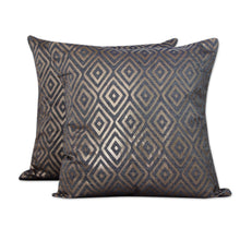 Load image into Gallery viewer, Silver Foil Diamond Print Blue Cotton Cushion Covers (Pair) - Diamond Glam | NOVICA
