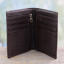 Load image into Gallery viewer, Men's Embossed Handcrafted Brown Slim Leather Wallet - Efficient in Brown Crocodile | NOVICA
