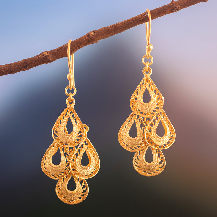 Gold Vermeil Handcrafted Filigree Chandelier Earrings - Raindrop Cascade | NOVICA