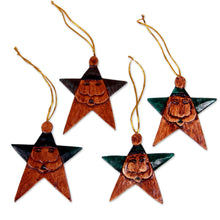 Load image into Gallery viewer, Green Santa Stars Wood Ornaments Handmade in Bali (Set of 4) - Green Santa Stars | NOVICA
