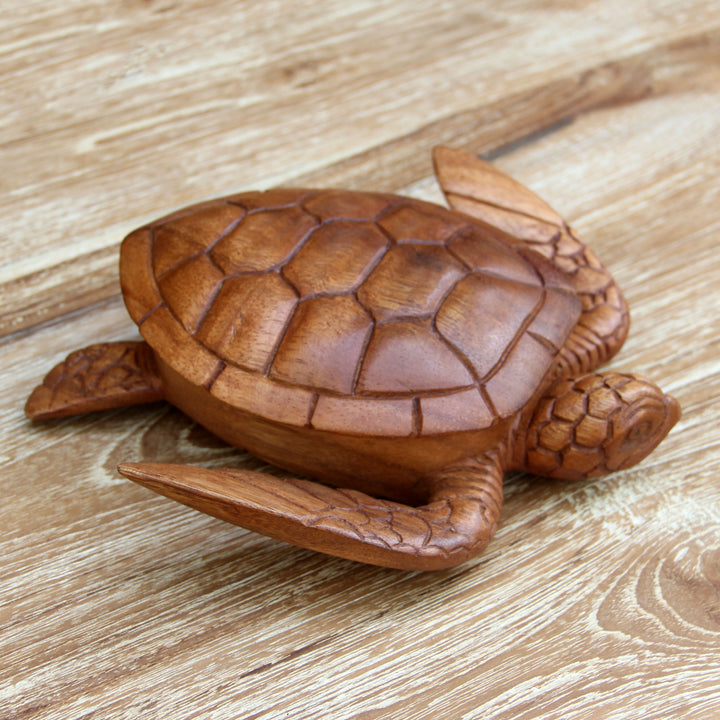 Hand Carved Wood Sculpture Decorative Box - Sea Turtle Guardian | NOVICA