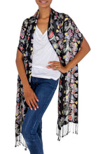 Load image into Gallery viewer, Balinese Black Silk Hand Stamped Floral Batik Shawl - Night in the Garden | NOVICA
