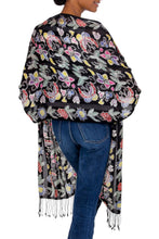 Load image into Gallery viewer, Balinese Black Silk Hand Stamped Floral Batik Shawl - Night in the Garden | NOVICA
