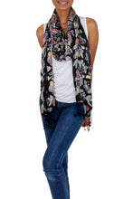 Load image into Gallery viewer, Balinese Black Silk Hand Stamped Floral Batik Shawl - Night in the Garden | NOVICA
