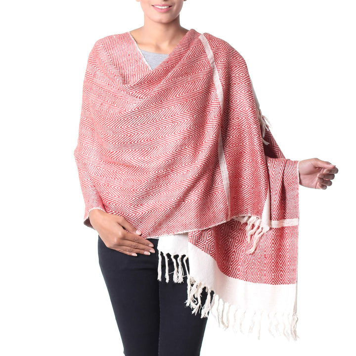 India Orange and White Handwoven Silk Shawl - Harmonious Orange Herringbone | NOVICA