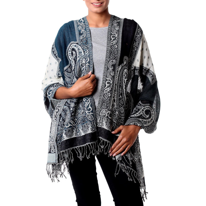 Indian Wool Paisley Jamawar Style Shawl with Subtle Teal - Teal Whisper | NOVICA