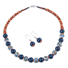 Load image into Gallery viewer, Jewelry Set with Hand Painted Flowers on Ceramic Beads - Blue Andean Blossom | NOVICA
