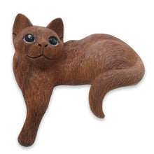 Load image into Gallery viewer, Wood Cat Sculpture Hand Carved in Indonesia - Watchful Long Haired Cat | NOVICA
