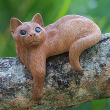 Load image into Gallery viewer, Wood Cat Sculpture Hand Carved in Indonesia - Watchful Long Haired Cat | NOVICA
