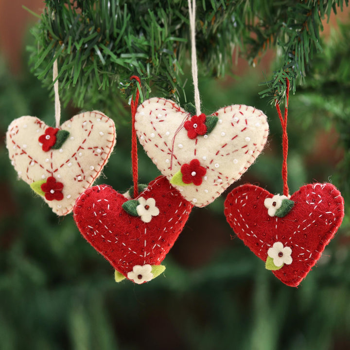 Handcrafted Felt Heart Ornaments in Red and Ivory (Set of 4) - Joyful Hearts | NOVICA